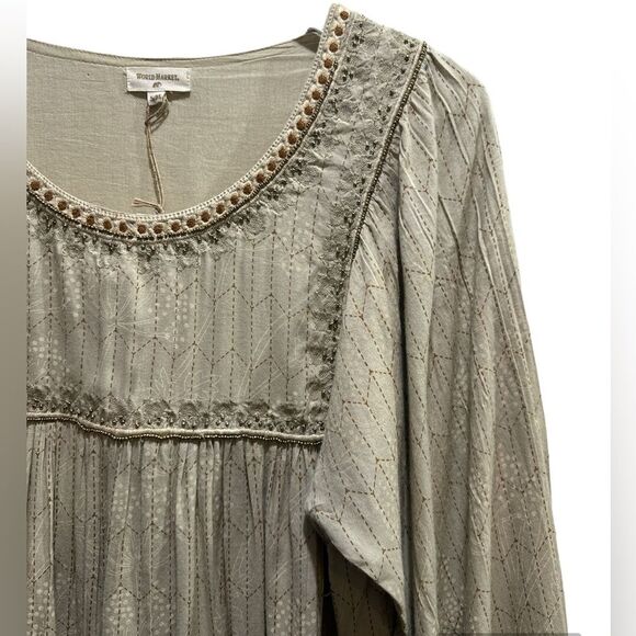 WORLD MARKET Tasha Taupe Geometric Embroidered Scoop Neck Babydoll Top NWT S/M - Picture 4 of 7